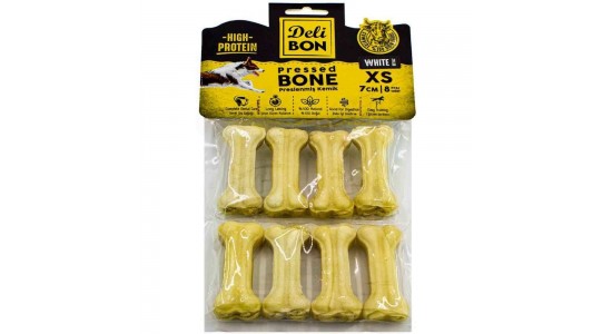 Delibon Deri Press Köpek Kemik 7 Cm XS Boy 8Li Paket Beyaz